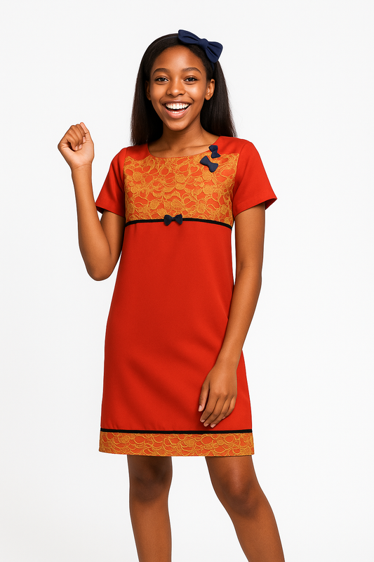 Red and Gold Lace Accent A-Line Dress - A8317RED
