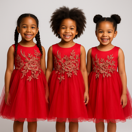 SCARLET BLOOM EMBROIDERED TULLE DRESS MD15RED